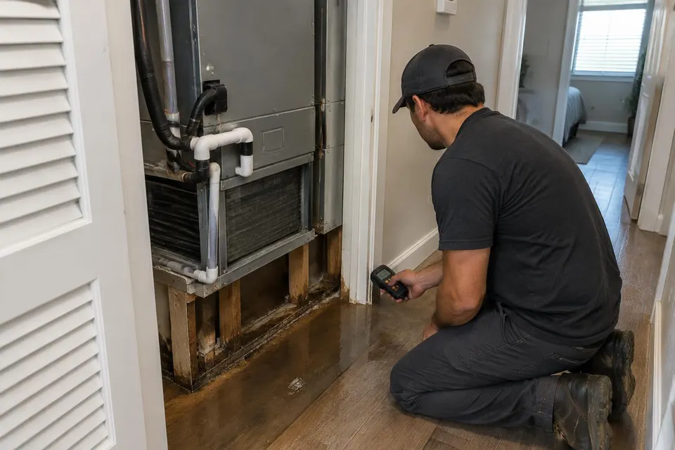 Generated illustration of a technician checking a wet floor with a moisture meter beside an indoor air handler closet