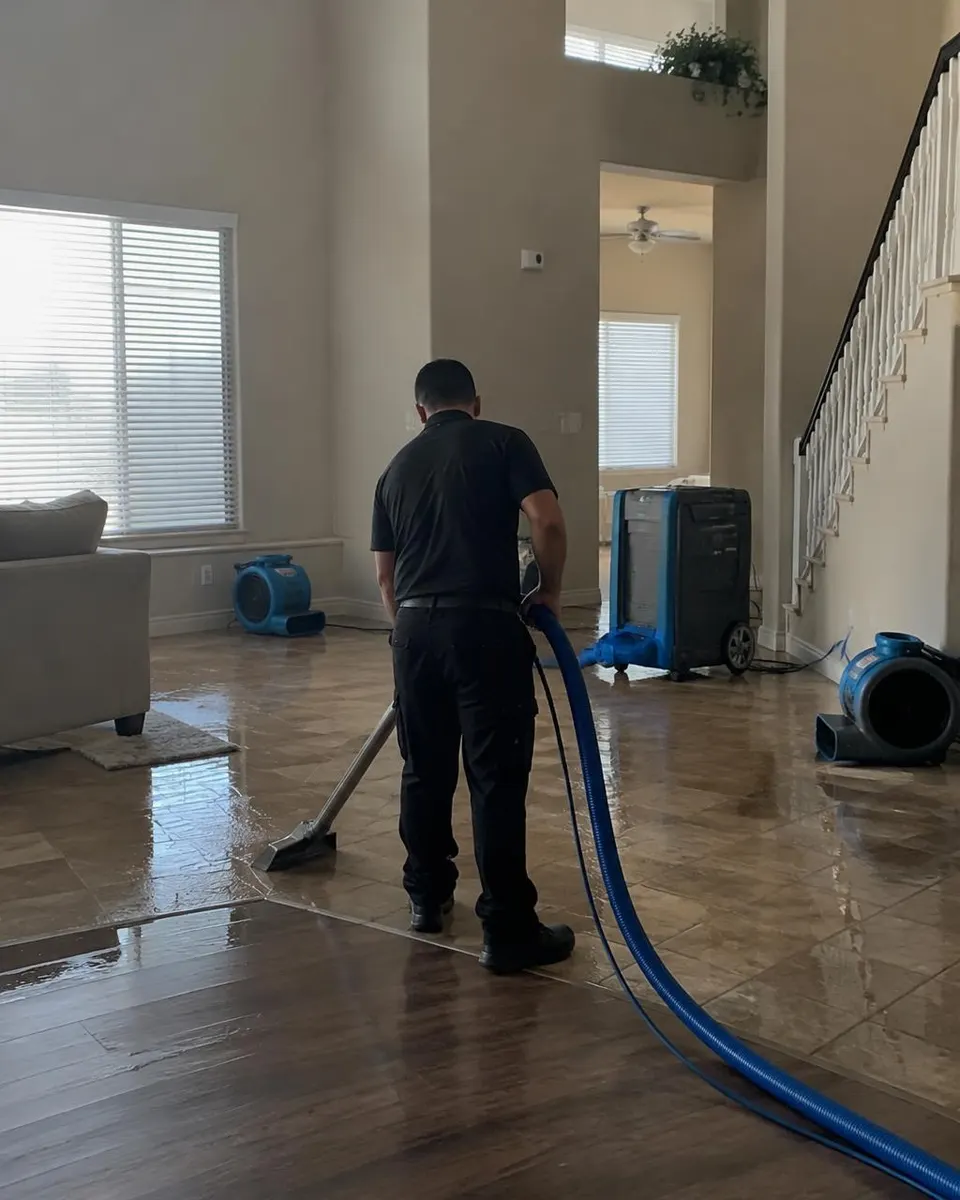 Generated illustration of a technician in dark work clothes extracting water from a wet tile floor in a two-story home, with air movers and a dehumidifier