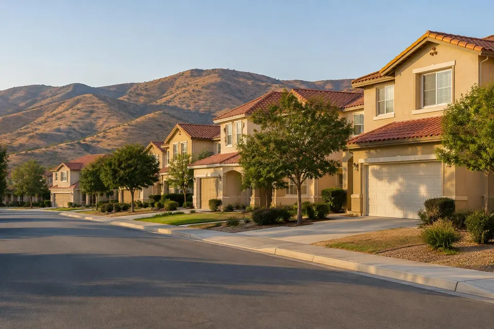 Generated illustration of a residential street with two-story stucco houses, tile roofs and dry foothills