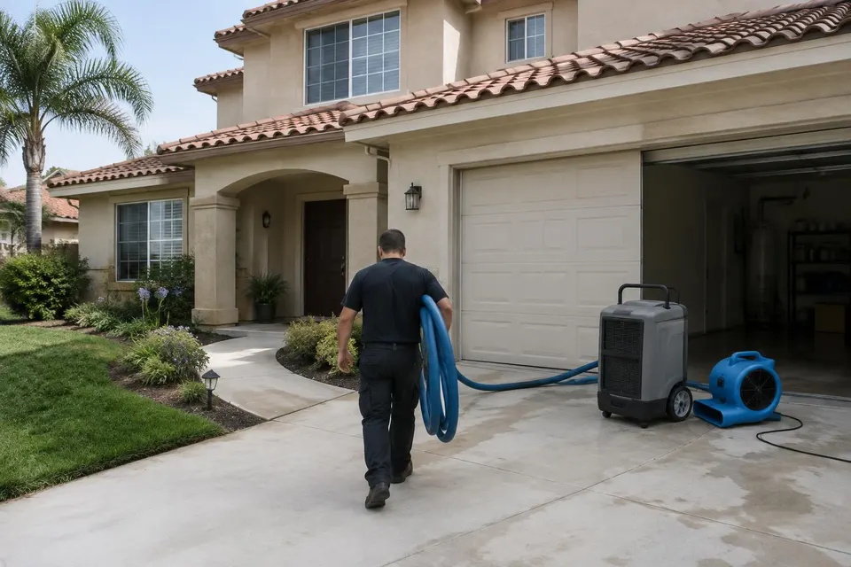 Generated illustration of a technician carrying a hose toward drying equipment outside a stucco house with a tile roof