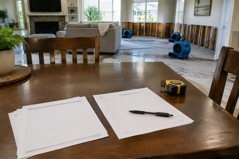 Generated illustration of printed estimate pages on a dining table, with drying equipment in the room behind