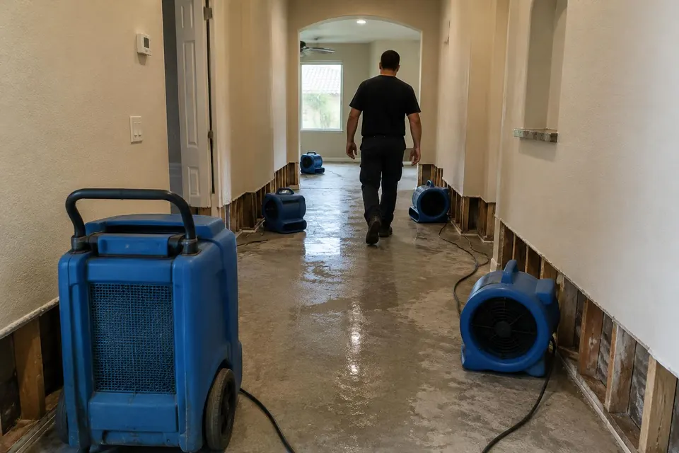 Generated illustration of a hallway with air movers, a dehumidifier and opened lower drywall during drying