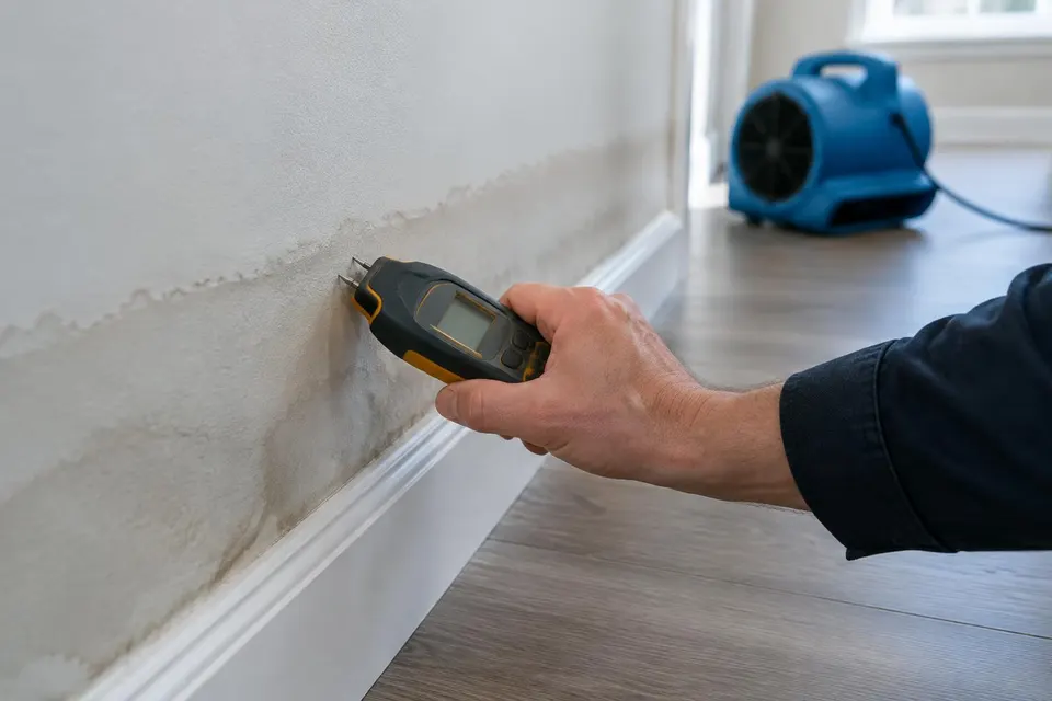 Generated illustration of a pin moisture meter pressed against a water-marked lower wall