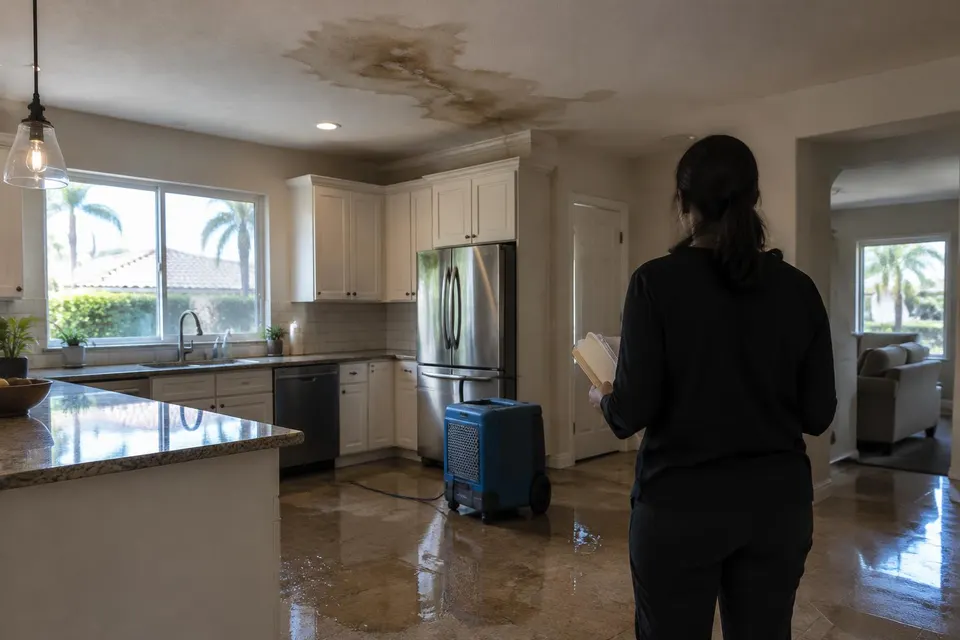 Generated illustration of a kitchen with a ceiling water stain, a wet floor and a dehumidifier