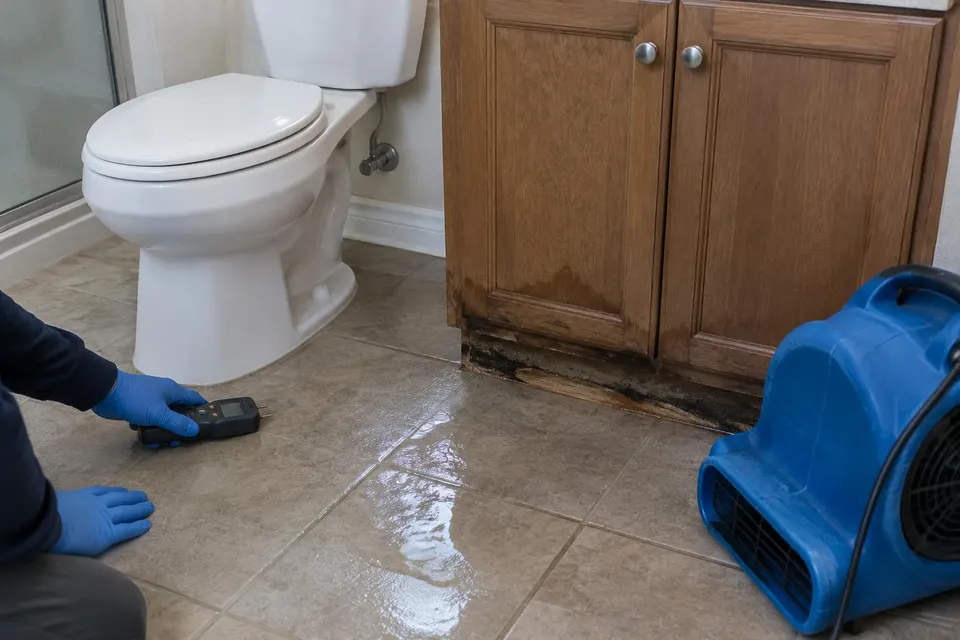 Generated illustration of gloved hands using a moisture meter on a wet bathroom floor near a toilet and stained vanity