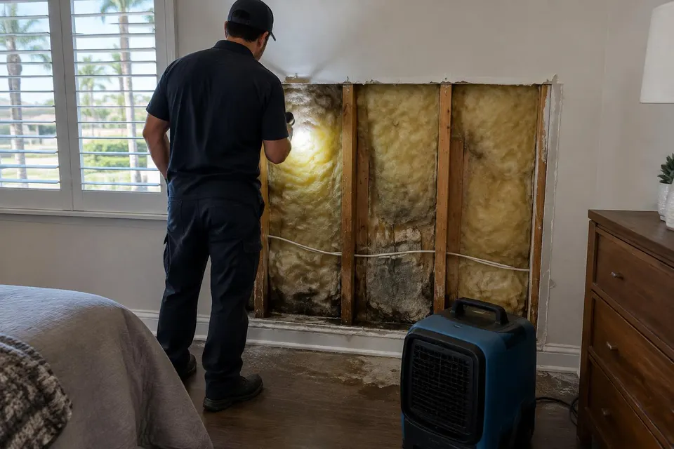 Generated illustration of a technician inspecting damp insulation behind opened drywall in a bedroom