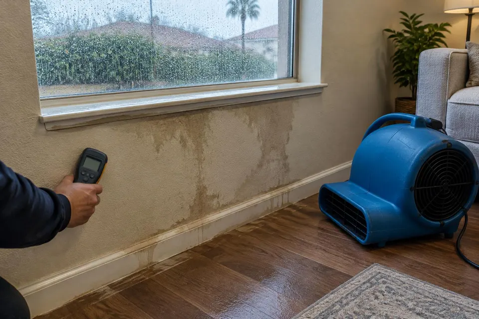 Generated illustration of a moisture meter held against a water-stained wall below a rain-covered window, with an air mover